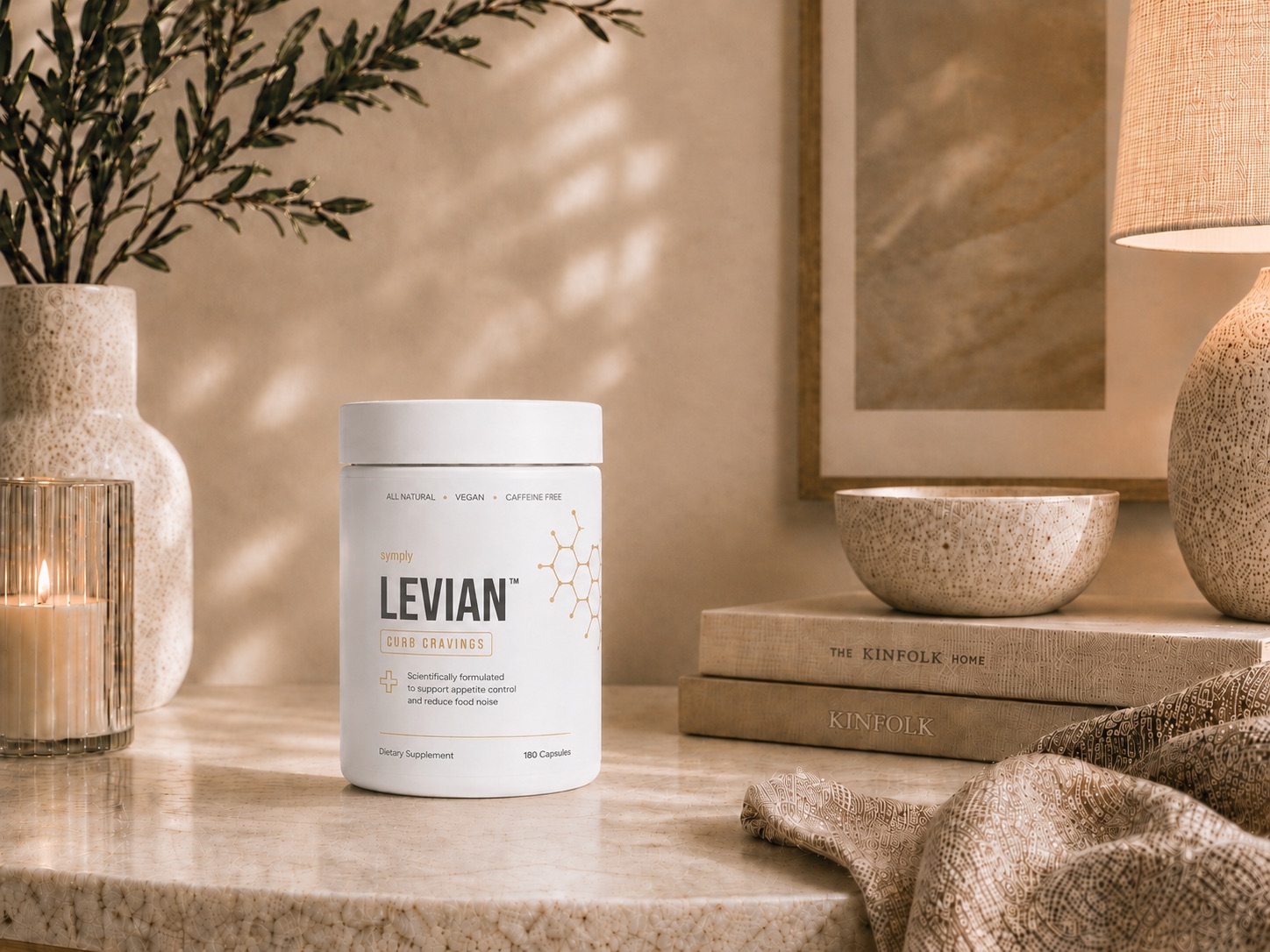 Levian supplement bottle on a marble countertop